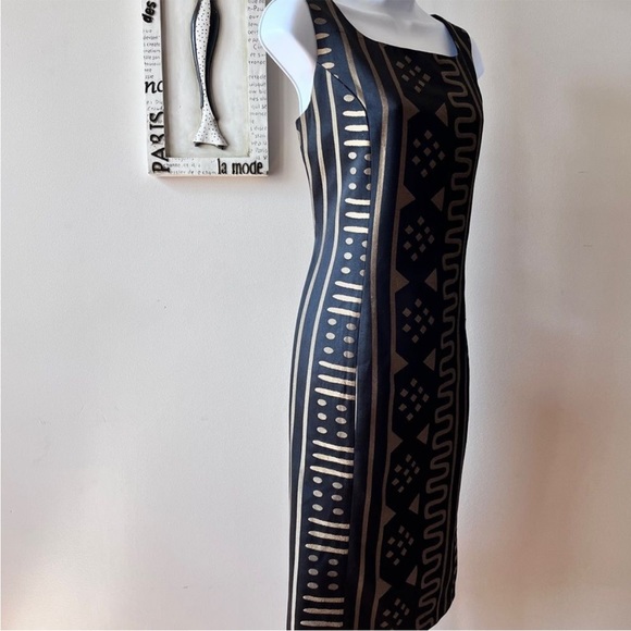Ashro Black and Gold Ethnic African Print Sleeveless Sheath Dress Size 8 - Picture 4 of 11
